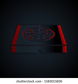 Paper cut Pizza in cardboard box icon isolated on black background. Box with layout elements. Paper art style. Vector Illustration