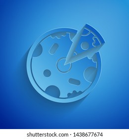 Paper cut Pizza icon isolated on blue background. Fast food menu. Paper art style. Vector Illustration