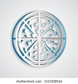 Paper cut Pizza icon isolated on grey background. Paper art style. Vector Illustration