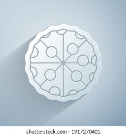 Paper cut Pizza icon isolated on grey background. Fast food menu. Paper art style. Vector