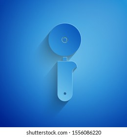 Paper cut Pizza knife icon isolated on blue background. Pizza cutter sign. Steel kitchenware equipment. Paper art style. Vector Illustration