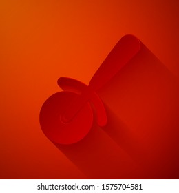 Paper cut Pizza knife icon isolated on red background. Pizza cutter sign. Steel kitchenware equipment. Paper art style. Vector Illustration