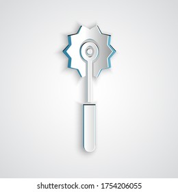 Paper cut Pizza knife icon isolated on grey background. Pizza cutter sign. Steel kitchenware equipment. Paper art style. Vector Illustration