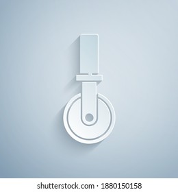 Paper cut Pizza knife icon isolated on grey background. Pizza cutter sign. Steel kitchenware equipment. Paper art style. Vector.