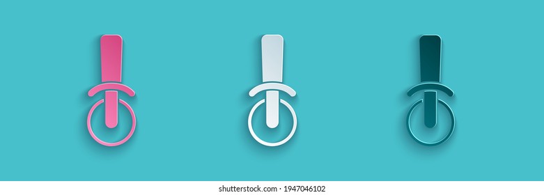 Paper cut Pizza knife icon isolated on blue background. Pizza cutter sign. Steel kitchenware equipment. Paper art style. Vector