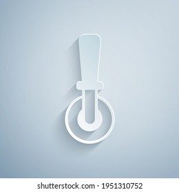 Paper cut Pizza knife icon isolated on grey background. Pizza cutter sign. Steel kitchenware equipment. Paper art style. Vector