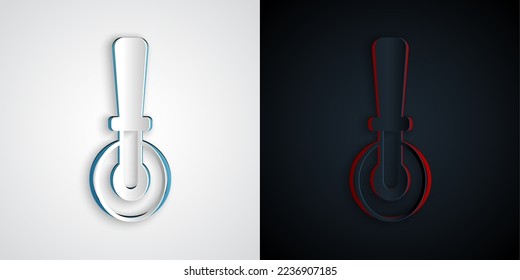 Paper cut Pizza knife icon isolated on grey and black background. Pizza cutter sign. Steel kitchenware equipment. Paper art style. Vector