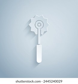 Paper cut Pizza knife icon isolated on grey background. Pizza cutter sign. Steel kitchenware equipment. Paper art style. Vector Illustration