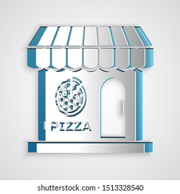 Paper cut Pizzeria building facade icon isolated on grey background. Fast food pizzeria kiosk. Paper art style. Vector Illustration