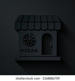 Paper cut Pizzeria building facade icon isolated on black background. Fast food pizzeria kiosk. Paper art style. Vector Illustration