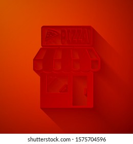 Paper cut Pizzeria building facade icon isolated on red background. Fast food pizzeria kiosk. Paper art style. Vector Illustration