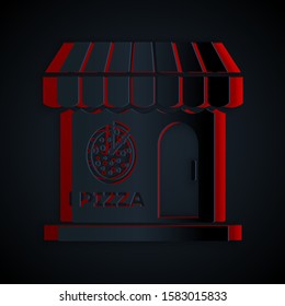 Paper cut Pizzeria building facade icon isolated on black background. Fast food pizzeria kiosk. Paper art style. Vector Illustration