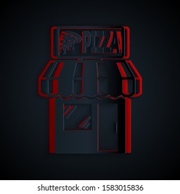 Paper cut Pizzeria building facade icon isolated on black background. Fast food pizzeria kiosk. Paper art style. Vector Illustration