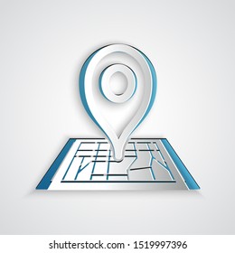 Paper cut Placeholder on map paper in perspective icon isolated on grey background. Paper art style. Vector Illustration