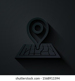 Paper cut Placeholder on map paper in perspective icon isolated on black background. Paper art style. Vector Illustration