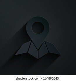 Tablero de papel Marcador de posición en papel de mapa en icono de perspectiva aislado en fondo negro. Estilo de arte de papel.  Ilustración vectorial