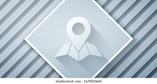 Paper cut Placeholder on map paper in perspective icon isolated on grey background. Paper art style. Vector Illustration