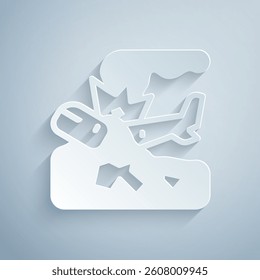 Paper cut Plane crash icon isolated on grey background. Paper art style. Vector