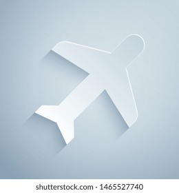 Paper cut Plane icon isolated on grey background. Flying airplane icon. Airliner sign. Paper art style. Vector Illustration