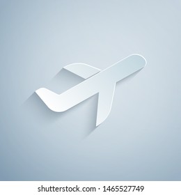 Paper cut Plane icon isolated on grey background. Flying airplane icon. Airliner sign. Paper art style. Vector Illustration