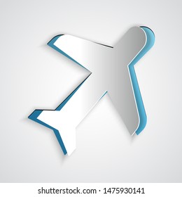 Paper cut Plane icon isolated on grey background. Flying airplane icon. Airliner sign. Paper art style. Vector Illustration
