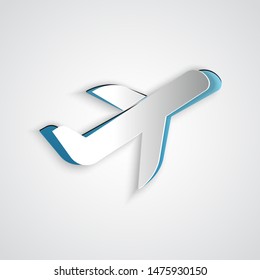 Paper cut Plane icon isolated on grey background. Flying airplane icon. Airliner sign. Paper art style. Vector Illustration