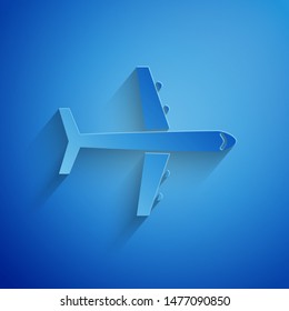 Paper cut Plane icon isolated on blue background. Flying airplane icon. Airliner sign. Paper art style. Vector Illustration