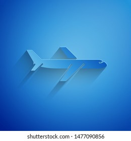 Paper cut Plane icon isolated on blue background. Flying airplane icon. Airliner sign. Paper art style. Vector Illustration