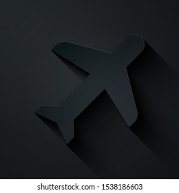 Paper cut Plane icon isolated on black background. Flying airplane icon. Airliner sign. Paper art style. Vector Illustration