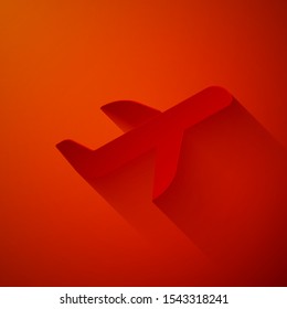 Paper cut Plane icon isolated on red background. Flying airplane icon. Airliner sign. Paper art style. Vector Illustration