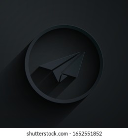 Paper cut Paper plane icon isolated on black background. Paper airplane icon. Aircraft sign. Paper art style. Vector Illustration