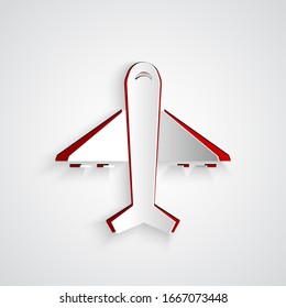 Icono de Plano de corte de papel aislado en fondo gris. Icono de avión volador. Signo del avión. Estilo de arte de papel. Ilustración vectorial
