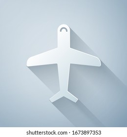 Paper cut Plane icon isolated on grey background. Flying airplane icon. Airliner sign. Paper art style. Vector Illustration