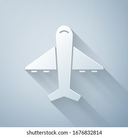 Paper cut Plane icon isolated on grey background. Flying airplane icon. Airliner sign. Paper art style. Vector Illustration