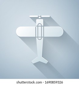 Paper cut Plane icon isolated on grey background. Flying airplane icon. Airliner sign. Paper art style. Vector Illustration
