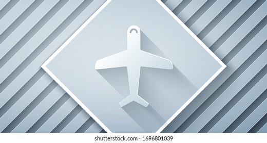 Paper cut Plane icon isolated on grey background. Flying airplane icon. Airliner sign. Paper art style. Vector Illustration