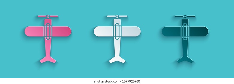 Paper cut Plane icon isolated on blue background. Flying airplane icon. Airliner sign. Paper art style. Vector Illustration