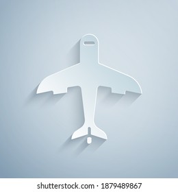 Paper cut Plane icon isolated on grey background. Flying airplane icon. Airliner sign. Paper art style. Vector.