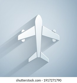 Paper cut Plane icon isolated on grey background. Flying airplane. Airliner insurance. Security, safety, protection, protect concept. Paper art style. Vector