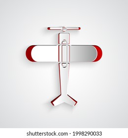 Paper cut Plane icon isolated on grey background. Flying airplane icon. Airliner sign. Paper art style. Vector Illustration