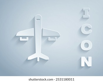 Paper cut Plane icon isolated on grey background. Flying airplane icon. Airliner sign. Paper art style. Vector