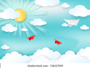 Paper cut of plane on blue sky with cloud and sun light