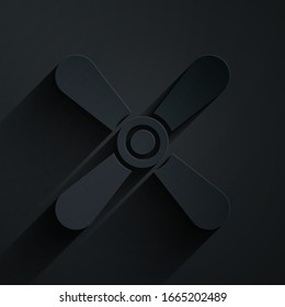 Paper cut Plane propeller icon isolated on black background. Vintage aircraft propeller. Paper art style. Vector Illustration