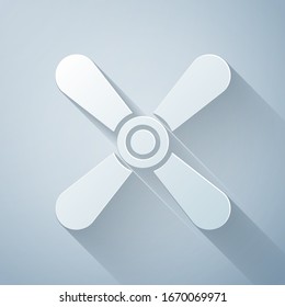 Paper cut Plane propeller icon isolated on grey background. Vintage aircraft propeller. Paper art style. Vector Illustration