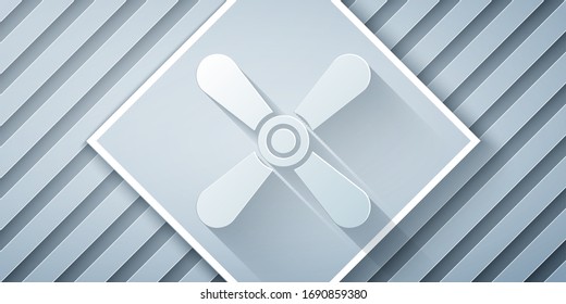 Paper cut Plane propeller icon isolated on grey background. Vintage aircraft propeller. Paper art style. Vector Illustration