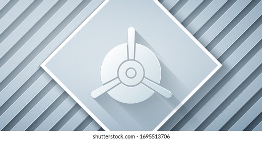 Paper cut Plane propeller icon isolated on grey background. Vintage aircraft propeller. Paper art style. Vector Illustration