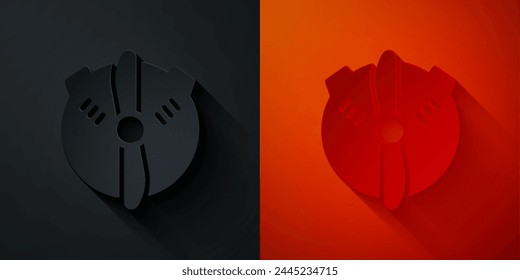 Paper cut Plane propeller icon isolated on black and red background. Vintage aircraft propeller. Paper art style. Vector