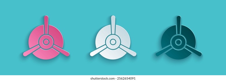 Paper cut Plane propeller icon isolated on blue background. Vintage aircraft propeller. Paper art style. Vector Illustration