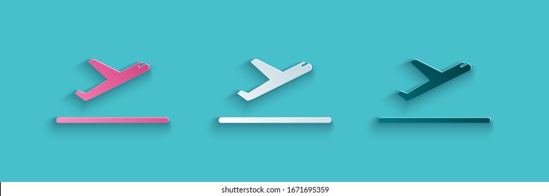 Paper cut Plane takeoff icon isolated on blue background. Airplane transport symbol. Paper art style. Vector Illustration