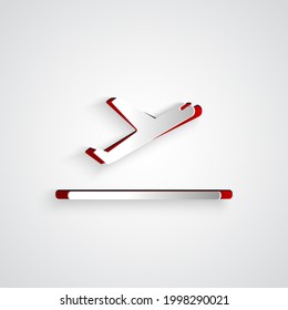 Paper cut Plane takeoff icon isolated on grey background. Airplane transport symbol. Paper art style. Vector Illustration